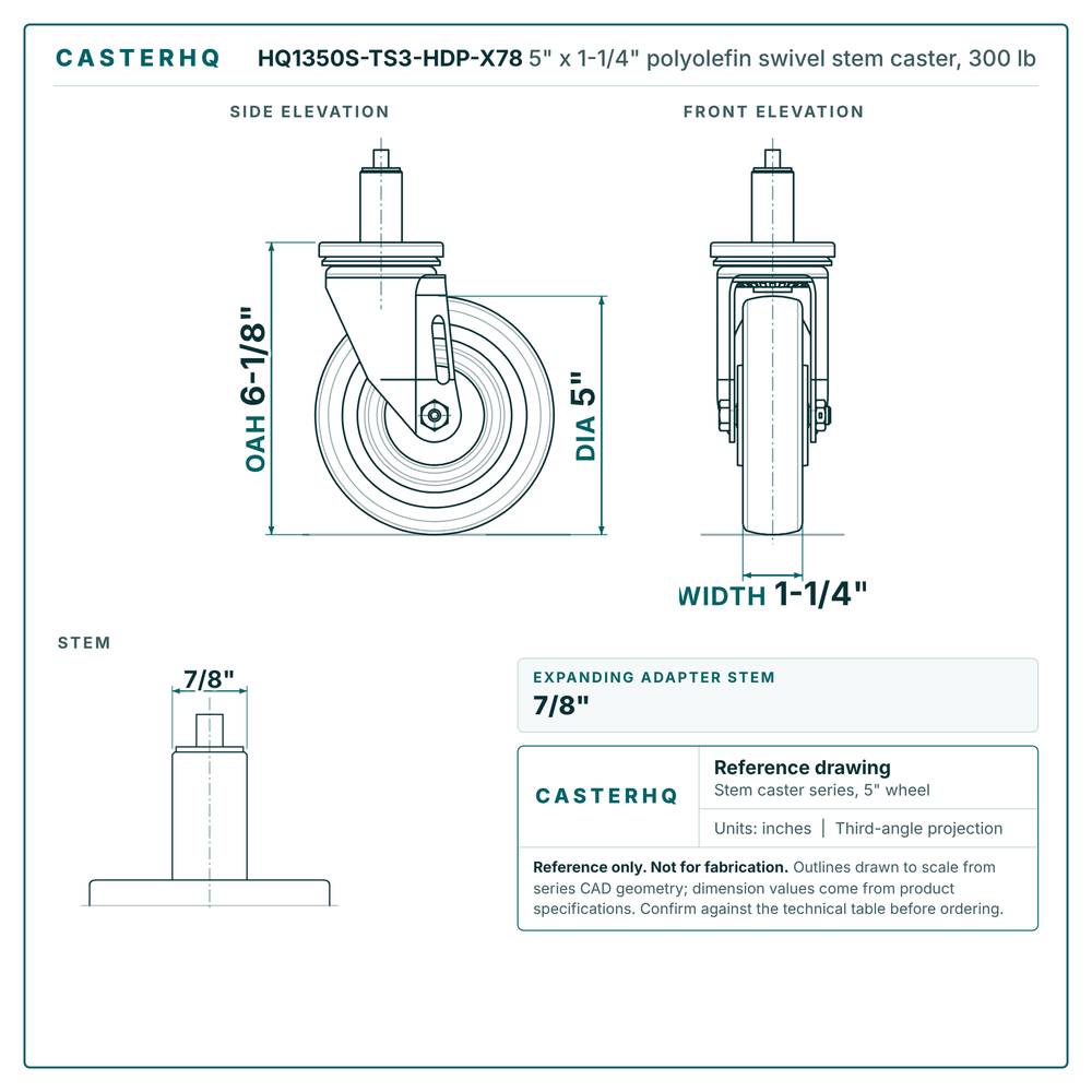 HQ1350S-TS3-HDP-X78 5" x 1-1/4" polyolefin swivel stem caster, 300 lb reference drawing, side, front and stem views with dimensions