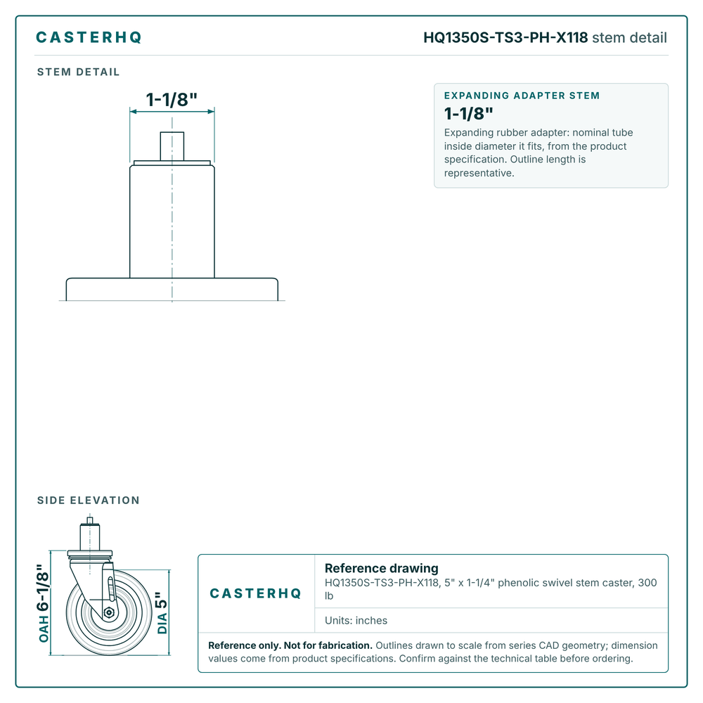 HQ1350S-TS3-PH-X118 stem detail drawing, expanding adapter stem 1-1/8"