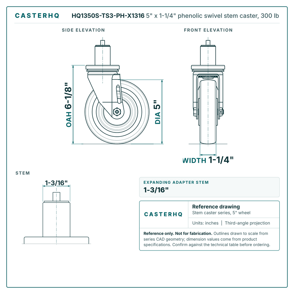 HQ1350S-TS3-PH-X1316 5" x 1-1/4" phenolic swivel stem caster, 300 lb reference drawing, side, front and stem views with dimensions