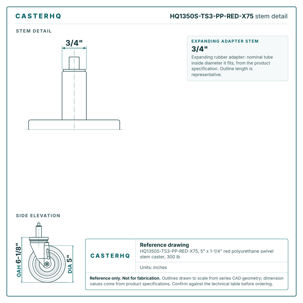 HQ1350S-TS3-PP-RED-X75 stem detail drawing, expanding adapter stem 3/4"