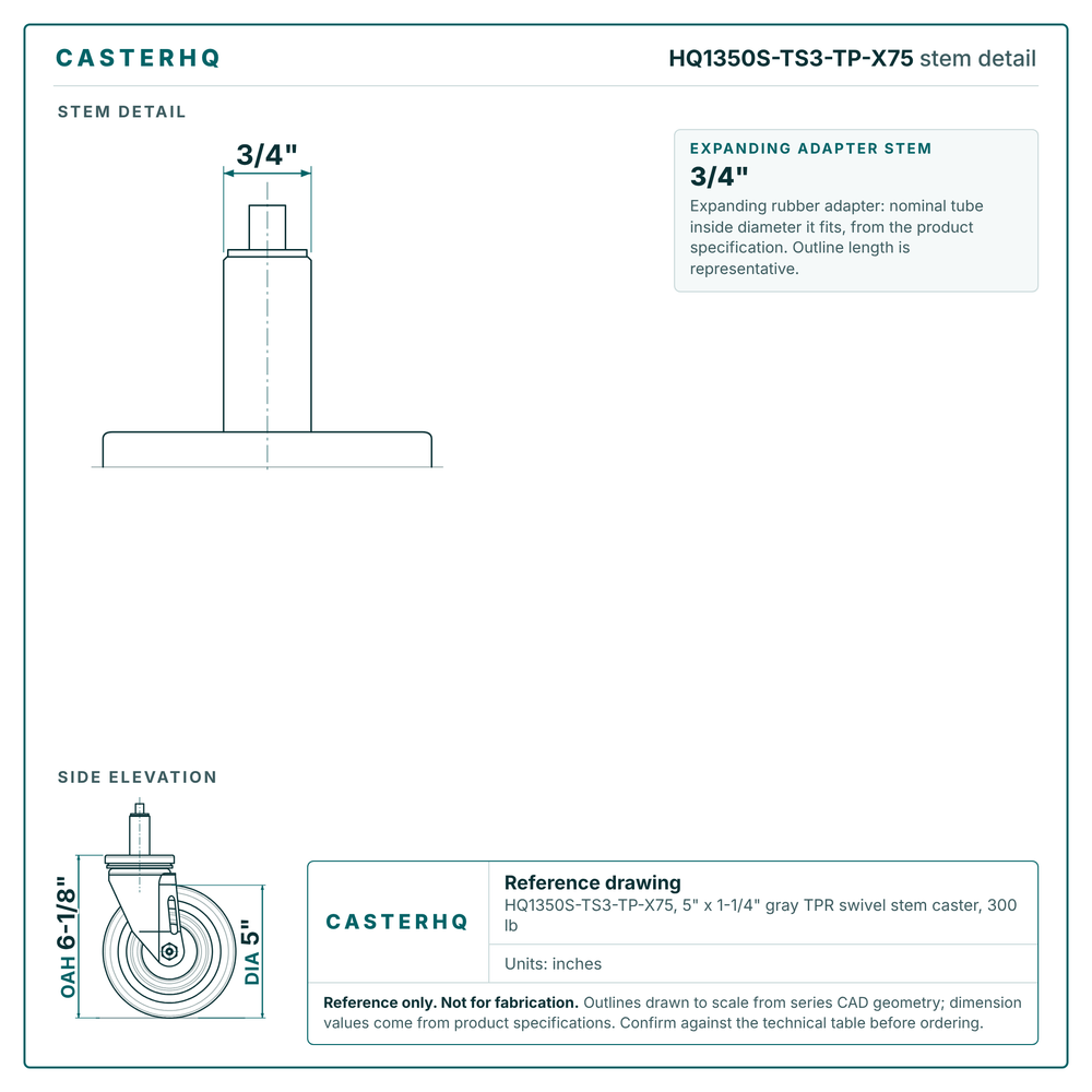 HQ1350S-TS3-TP-X75 stem detail drawing, expanding adapter stem 3/4"