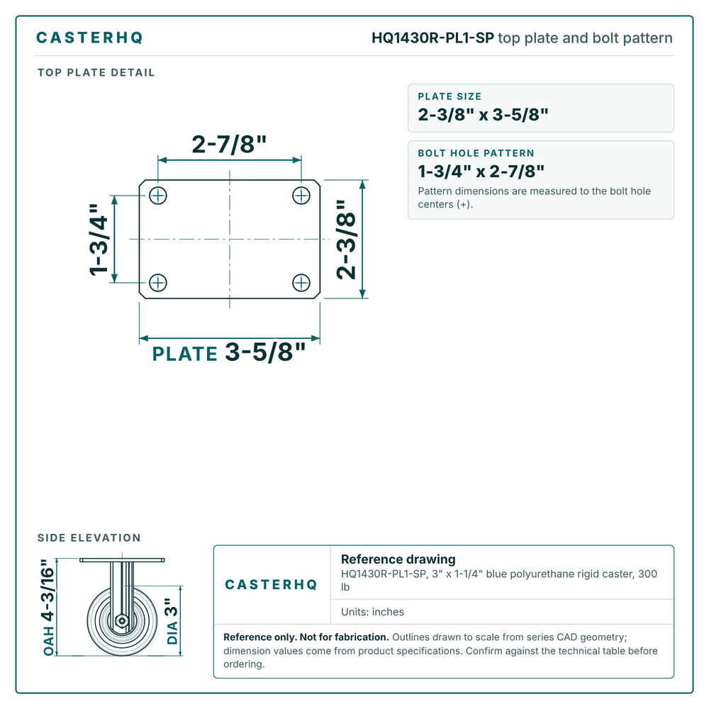 HQ1430R-PL1-SP top plate bolt pattern drawing, 2-3/8 x 3-5/8 in plate, round bolt holes