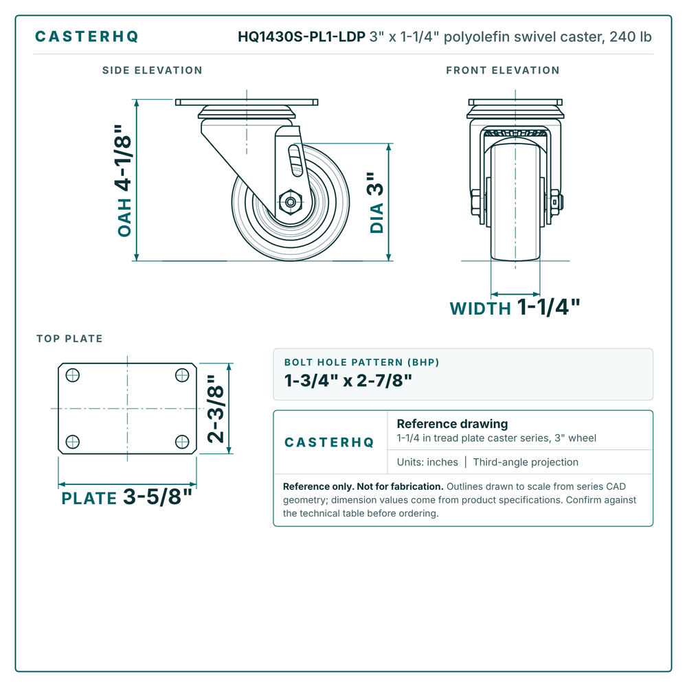 HQ1430S-PL1-LDP 3 x 1-1/4 in polyolefin swivel caster reference drawing, side, front and top plate views with dimensions