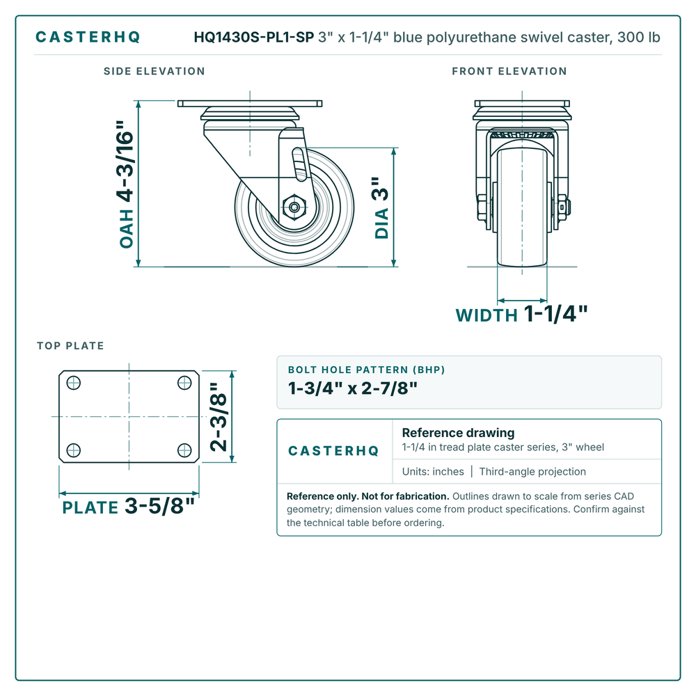 HQ1430S-PL1-SP 3 x 1-1/4 in blue polyurethane swivel caster reference drawing, side, front and top plate views with dimensions