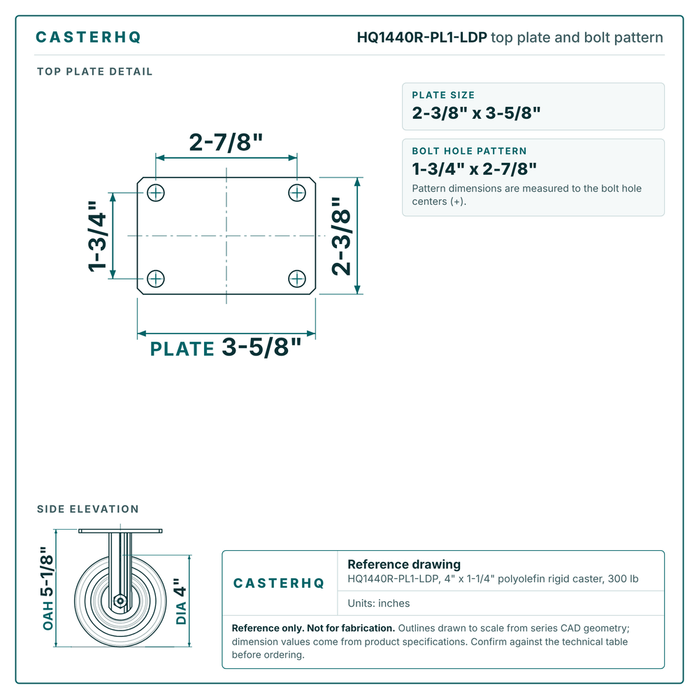 HQ1440R-PL1-LDP top plate bolt pattern drawing, 2-3/8 x 3-5/8 in plate, round bolt holes