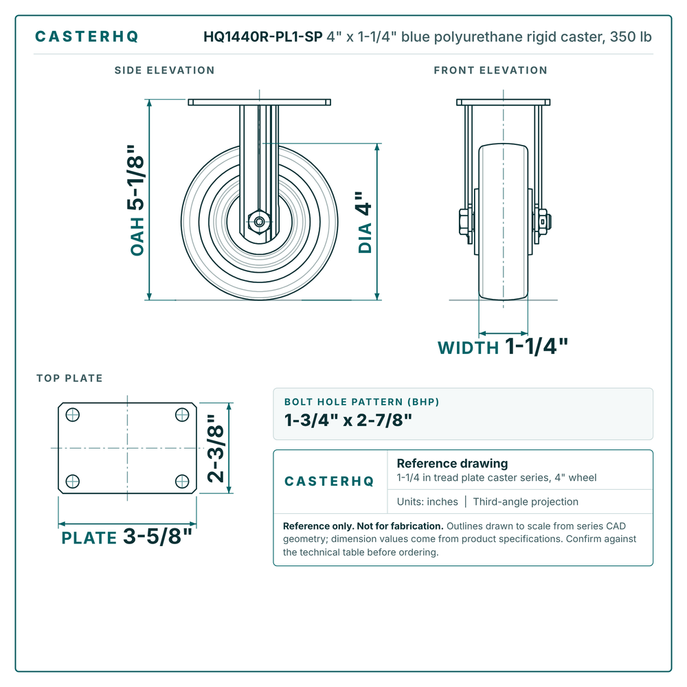 HQ1440R-PL1-SP 4 x 1-1/4 in blue polyurethane rigid caster reference drawing, side, front and top plate views with dimensions