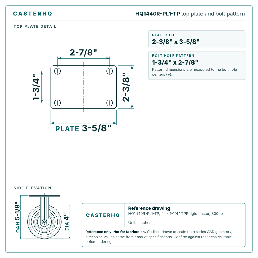 HQ1440R-PL1-TP top plate bolt pattern drawing, 2-3/8 x 3-5/8 in plate, round bolt holes