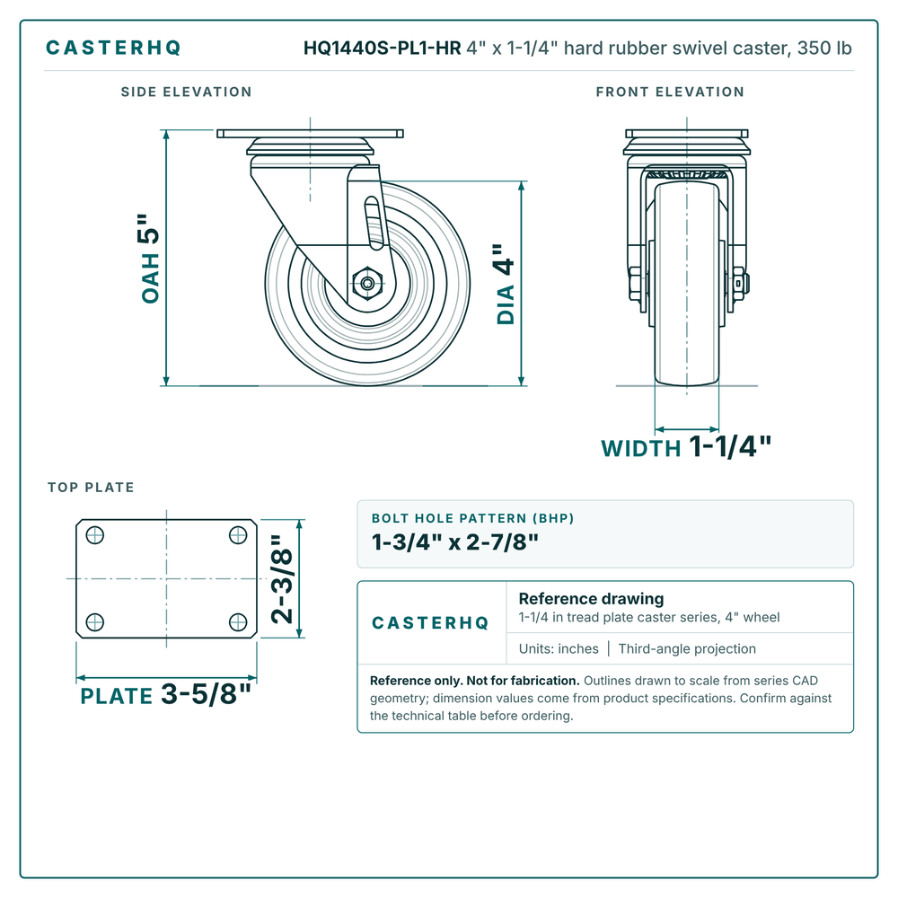 HQ1440S-PL1-HR 4 x 1-1/4 in hard rubber swivel caster reference drawing, side, front and top plate views with dimensions