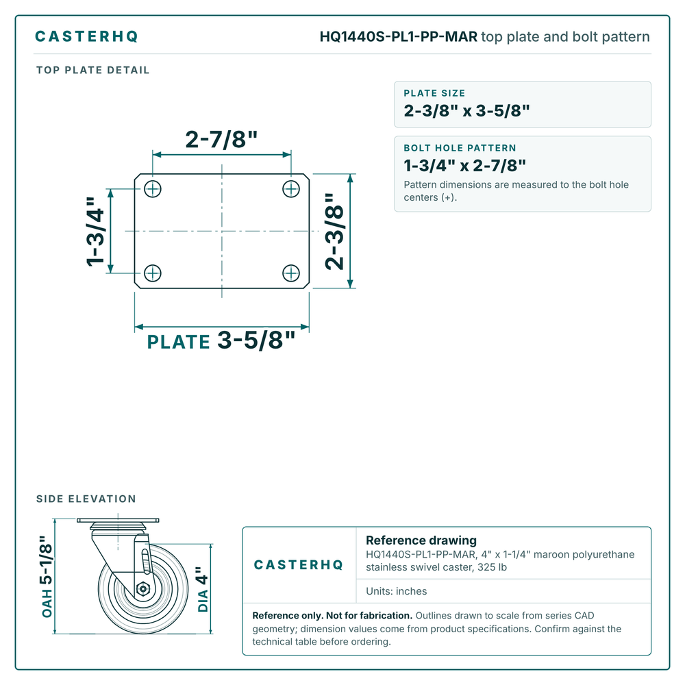 HQ1440S-PL1-PP-MAR top plate bolt pattern drawing, 2-3/8 x 3-5/8 in plate, bolt hole pattern 1-3/4 x 2-7/8 in