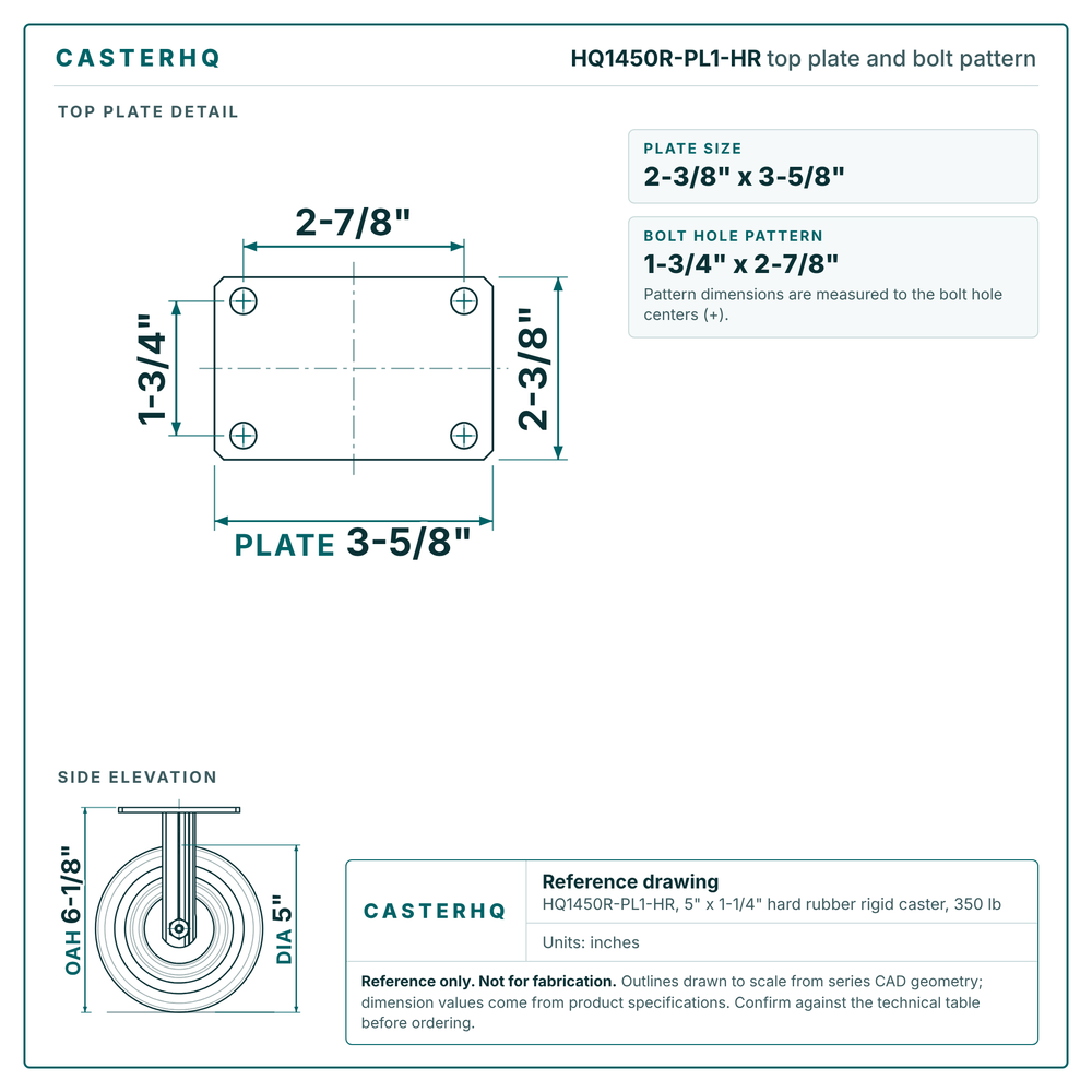 HQ1450R-PL1-HR top plate bolt pattern drawing, 2-3/8 x 3-5/8 in plate, round bolt holes