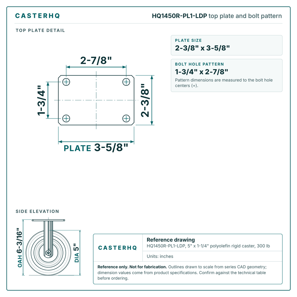 HQ1450R-PL1-LDP top plate bolt pattern drawing, 2-3/8 x 3-5/8 in plate, round bolt holes