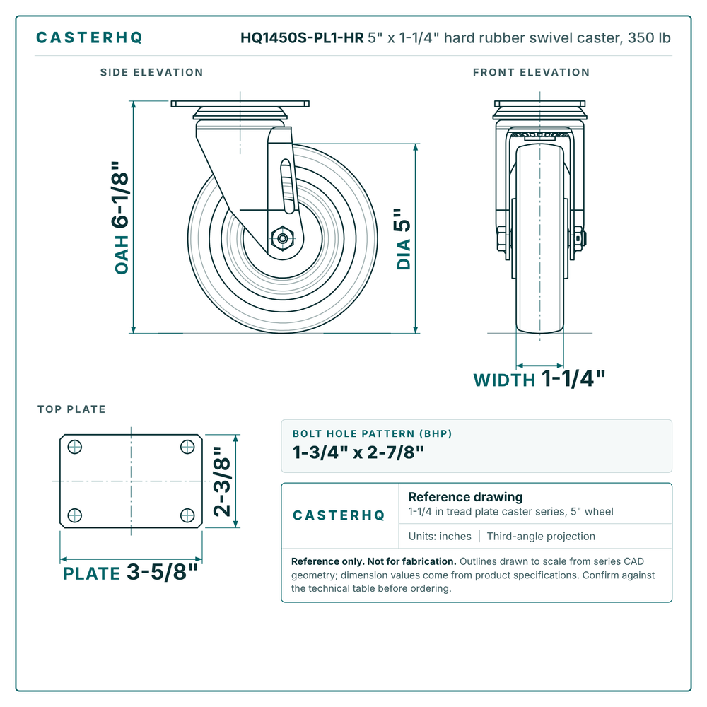 HQ1450S-PL1-HR 5 x 1-1/4 in hard rubber swivel caster reference drawing, side, front and top plate views with dimensions