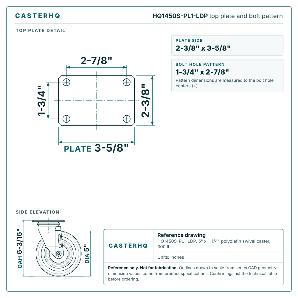 HQ1450S-PL1-LDP top plate bolt pattern drawing, 2-3/8 x 3-5/8 in plate, round bolt holes