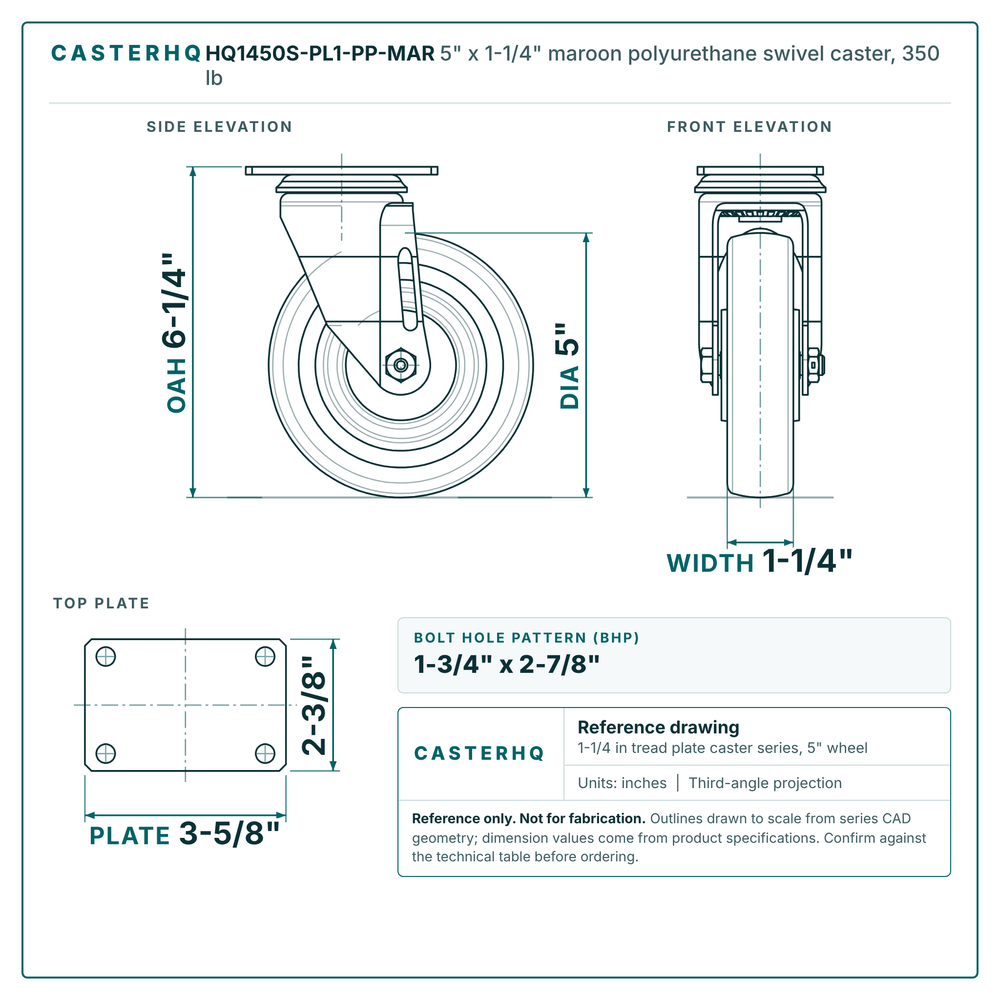 5" x 1-1/4" maroon polyurethane swivel caster reference drawing, side, front and top plate views with dimensions