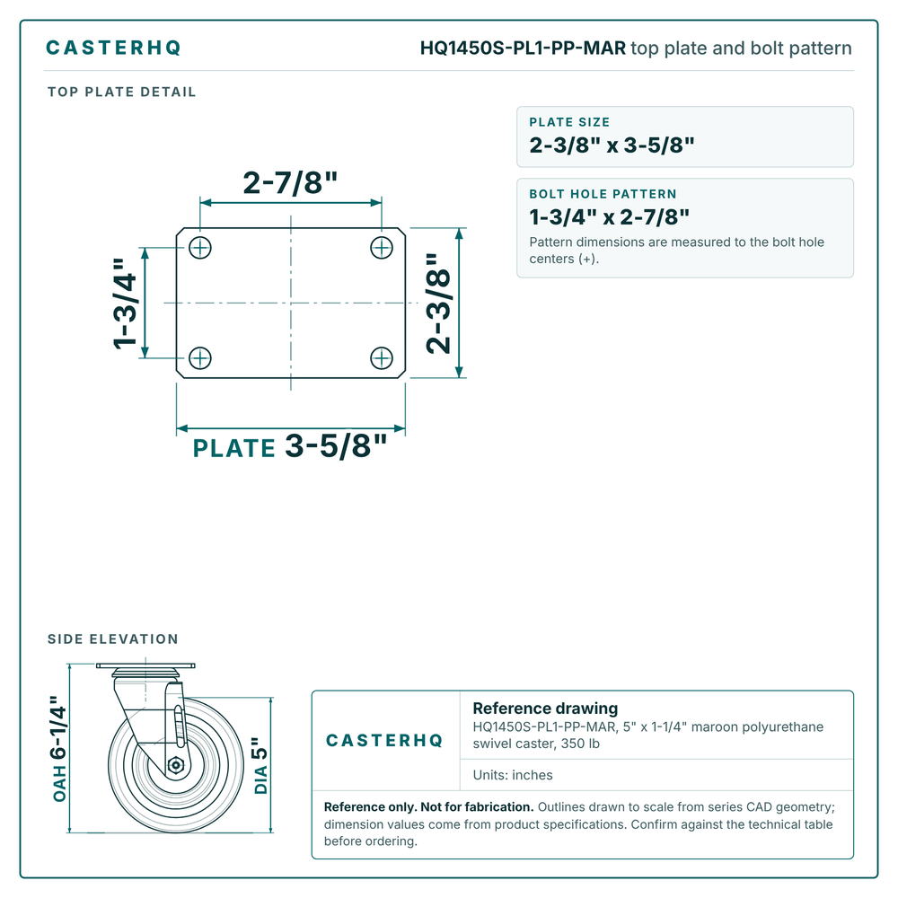 Top plate bolt pattern drawing, 2-3/8 x 3-5/8 in plate, 1-3/4 x 2-7/8 in bolt hole pattern