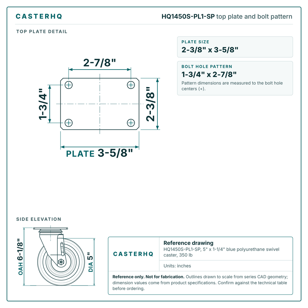 HQ1450S-PL1-SP top plate bolt pattern drawing, 2-3/8 x 3-5/8 in plate, round bolt holes