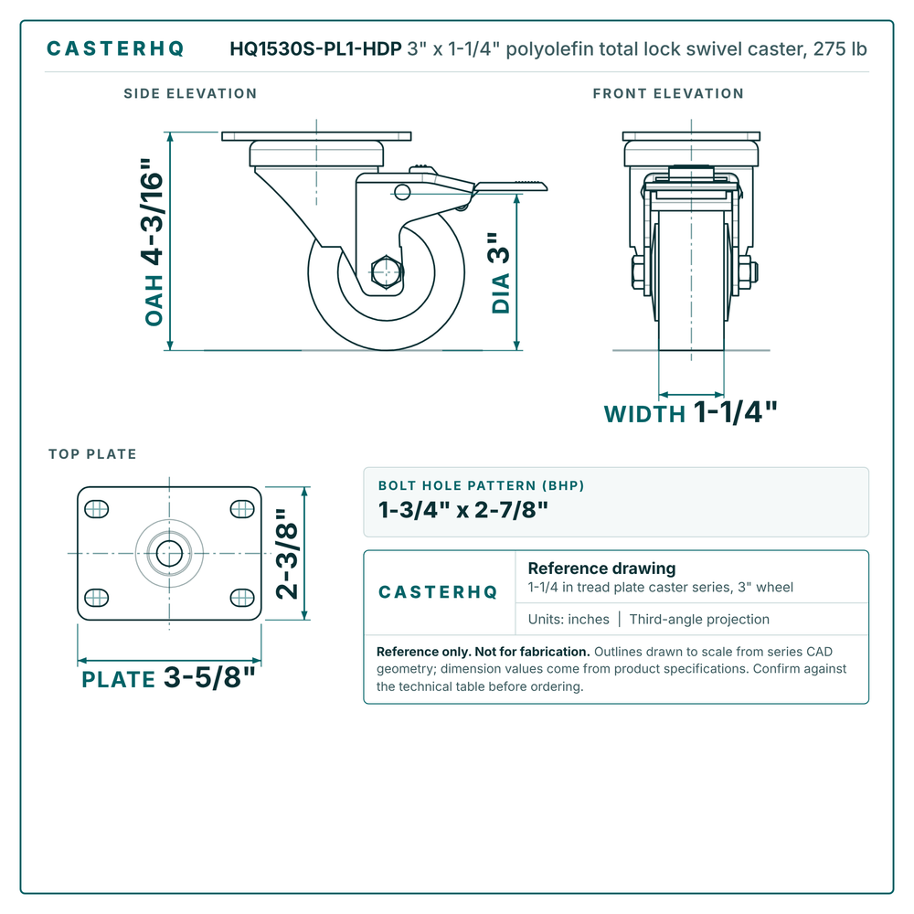 3" x 1-1/4" polyolefin total lock swivel caster reference drawing, side, front and top plate views with dimensions