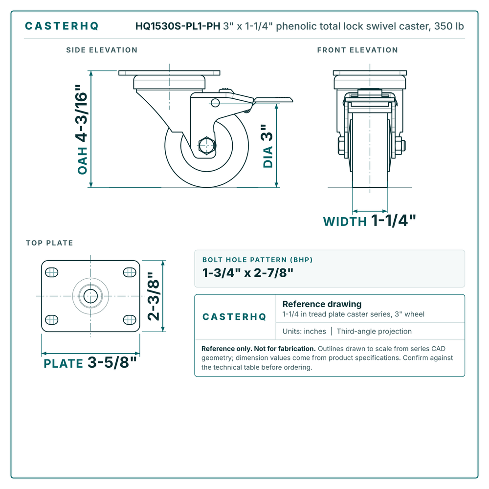 3" x 1-1/4" phenolic total lock swivel caster reference drawing, side, front and top plate views with dimensions
