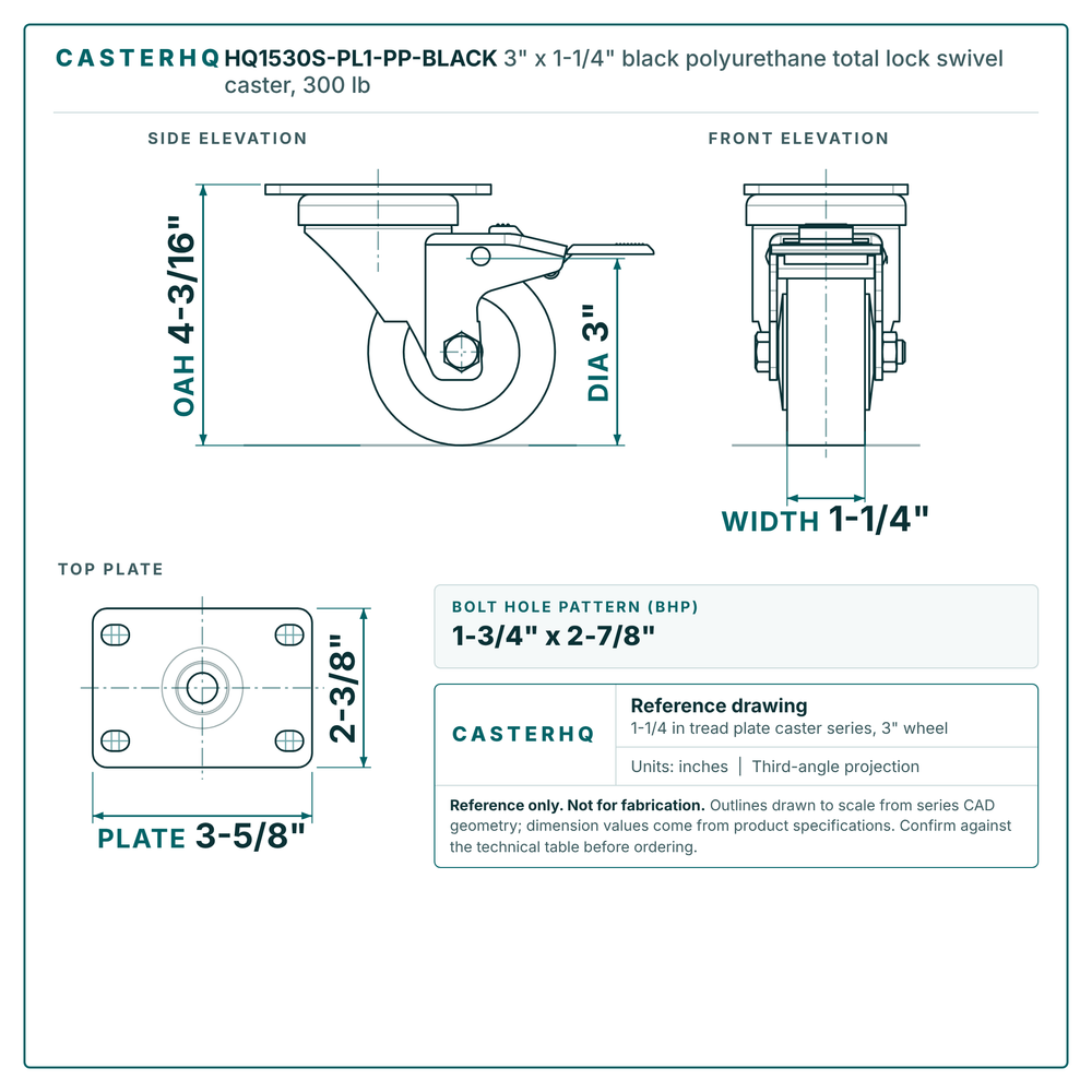 3" x 1-1/4" black polyurethane total lock swivel caster reference drawing, side, front and top plate views with dimensions