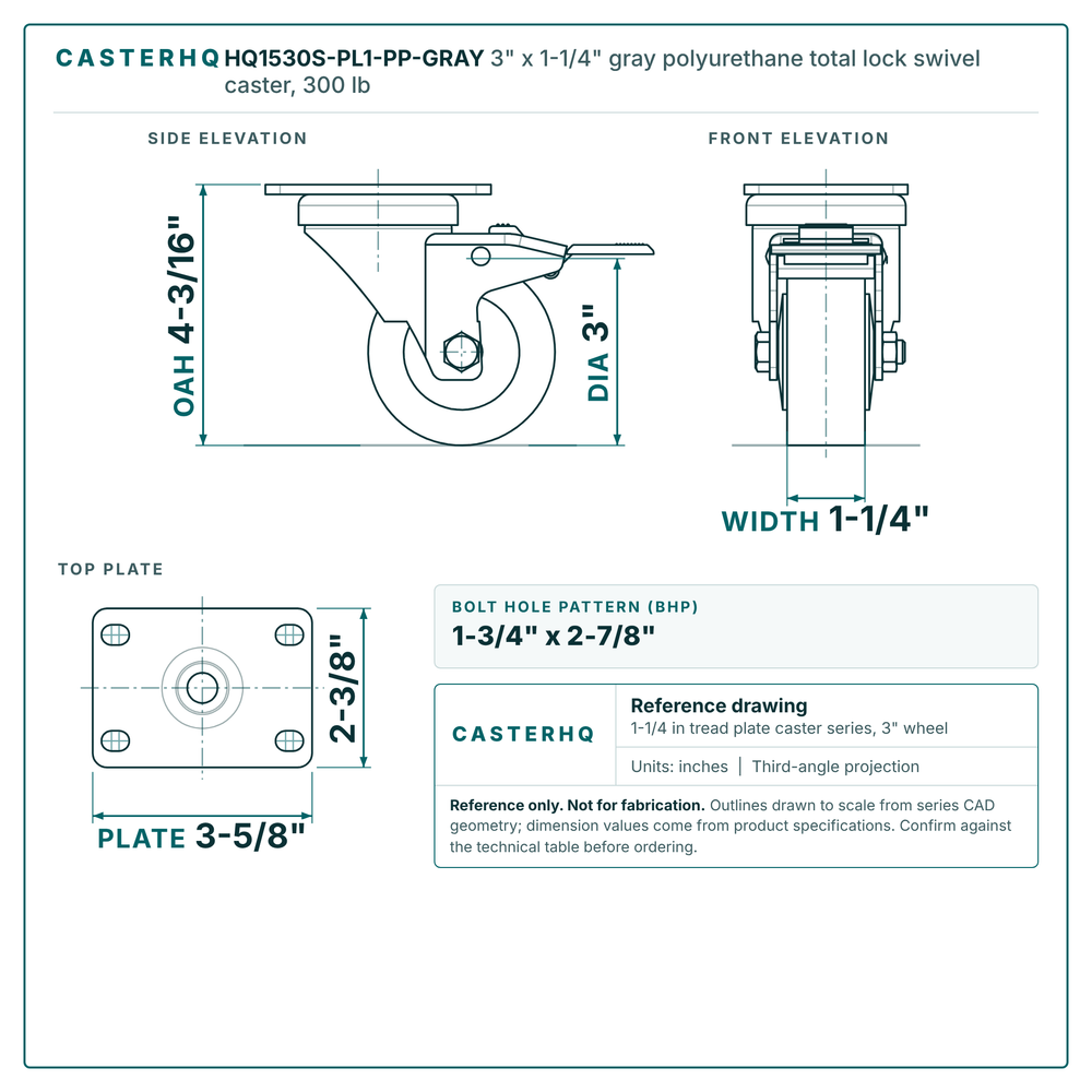 3" x 1-1/4" gray polyurethane total lock swivel caster reference drawing, side, front and top plate views with dimensions