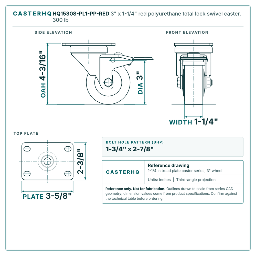 3" x 1-1/4" red polyurethane total lock swivel caster reference drawing, side, front and top plate views with dimensions