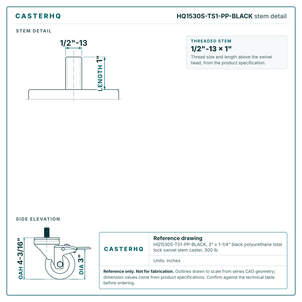 HQ1530S-TS1-PP-BLACK stem detail drawing, threaded stem 1/2"-13 x 1"