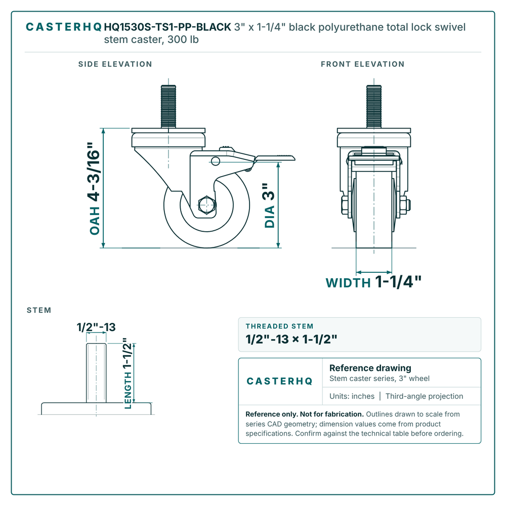 3" x 1-1/4" black polyurethane total lock swivel stem caster reference drawing, side, front and top plate views with dimensions