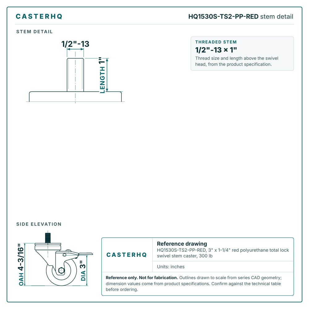 HQ1530S-TS2-PP-RED stem detail drawing, threaded stem 1/2"-13 x 1"