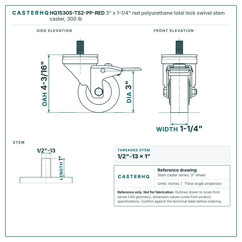 HQ1530S-TS2-PP-RED 3" x 1-1/4" red polyurethane total lock swivel stem caster, 300 lb reference drawing, 1/2"-13 x 1" threaded stem, side, front and stem views with dimensions