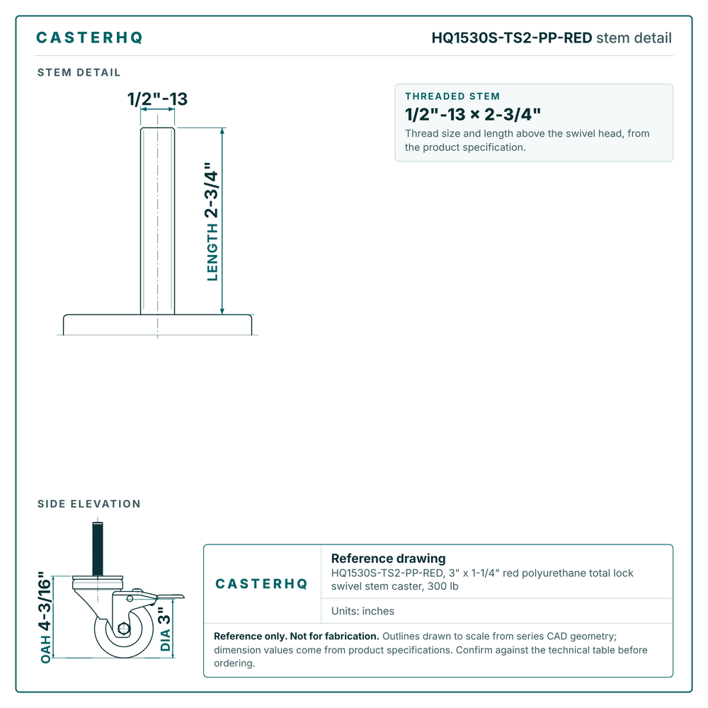 HQ1530S-TS2-PP-RED stem detail drawing, threaded stem 1/2"-13 x 2-3/4"