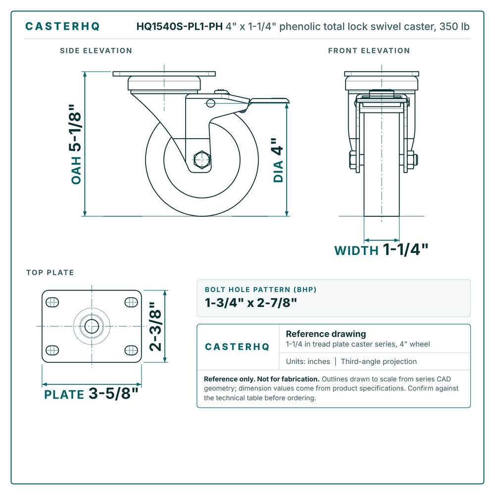 4" x 1-1/4" phenolic total lock swivel caster reference drawing, side, front and top plate views with dimensions