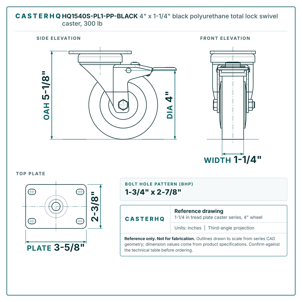 4" x 1-1/4" black polyurethane total lock swivel caster reference drawing, side, front and top plate views with dimensions