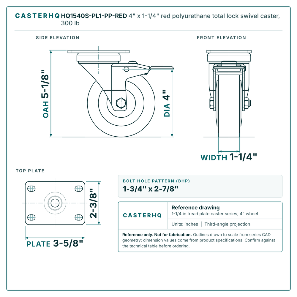 4" x 1-1/4" red polyurethane total lock swivel caster reference drawing, side, front and top plate views with dimensions