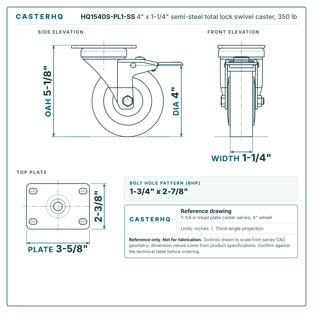 4" x 1-1/4" semi-steel total lock swivel caster reference drawing, side, front and top plate views with dimensions