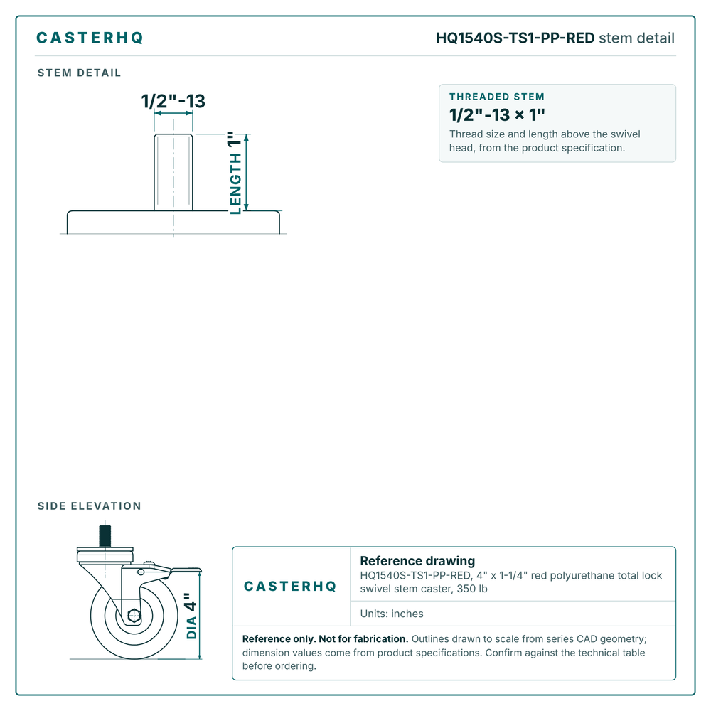 HQ1540S-TS1-PP-RED stem detail drawing, threaded stem 1/2"-13 x 1"