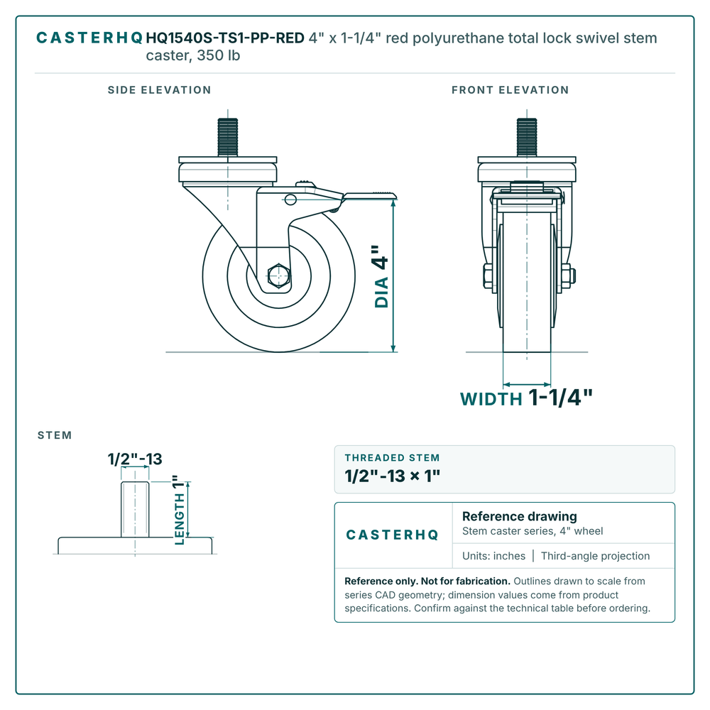 HQ1540S-TS1-PP-RED 4" x 1-1/4" red polyurethane total lock swivel stem caster, 350 lb reference drawing, 1/2"-13 x 1" threaded stem, side, front and stem views with dimensions