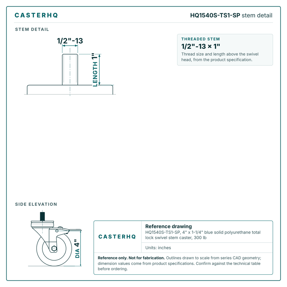 HQ1540S-TS1-SP stem detail drawing, threaded stem 1/2"-13 x 1"