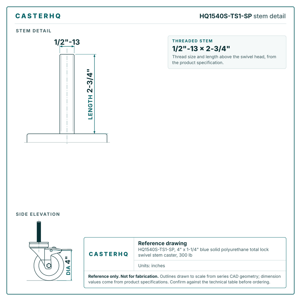 HQ1540S-TS1-SP stem detail drawing, threaded stem 1/2"-13 x 2-3/4"