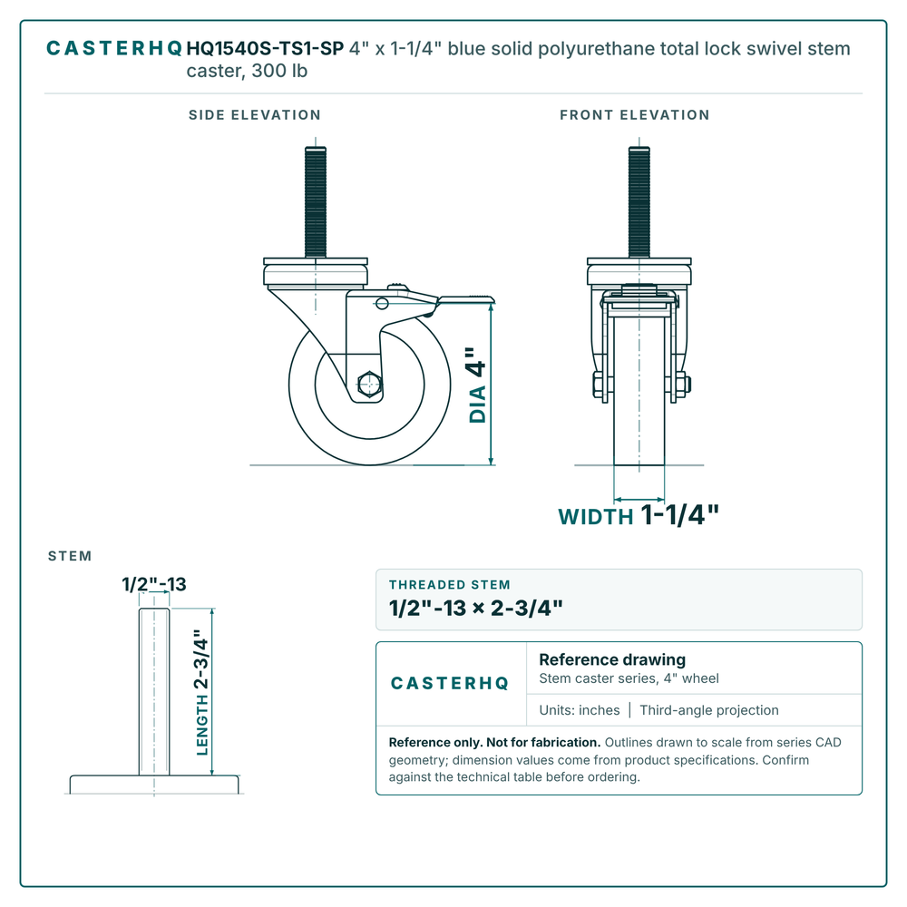 HQ1540S-TS1-SP 4" x 1-1/4" blue solid polyurethane total lock swivel stem caster, 300 lb reference drawing, 1/2"-13 x 2-3/4" threaded stem, side, front and stem views with dimensions