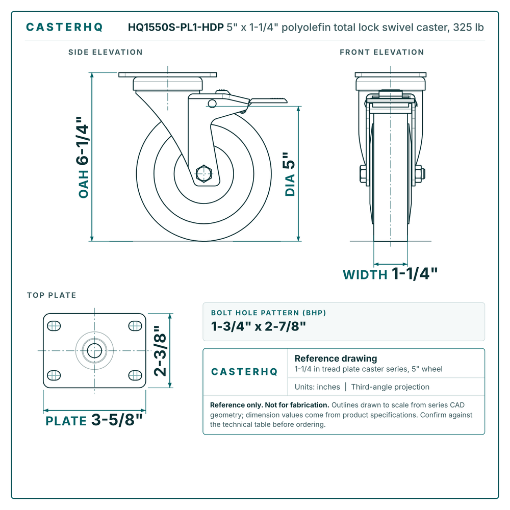 5" x 1-1/4" polyolefin total lock swivel caster reference drawing, side, front and top plate views with dimensions