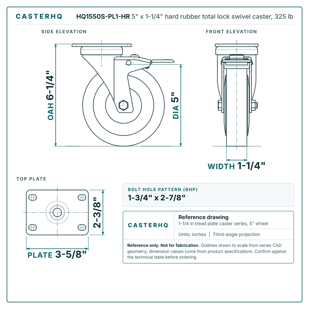 5" x 1-1/4" hard rubber total lock swivel caster reference drawing, side, front and top plate views with dimensions