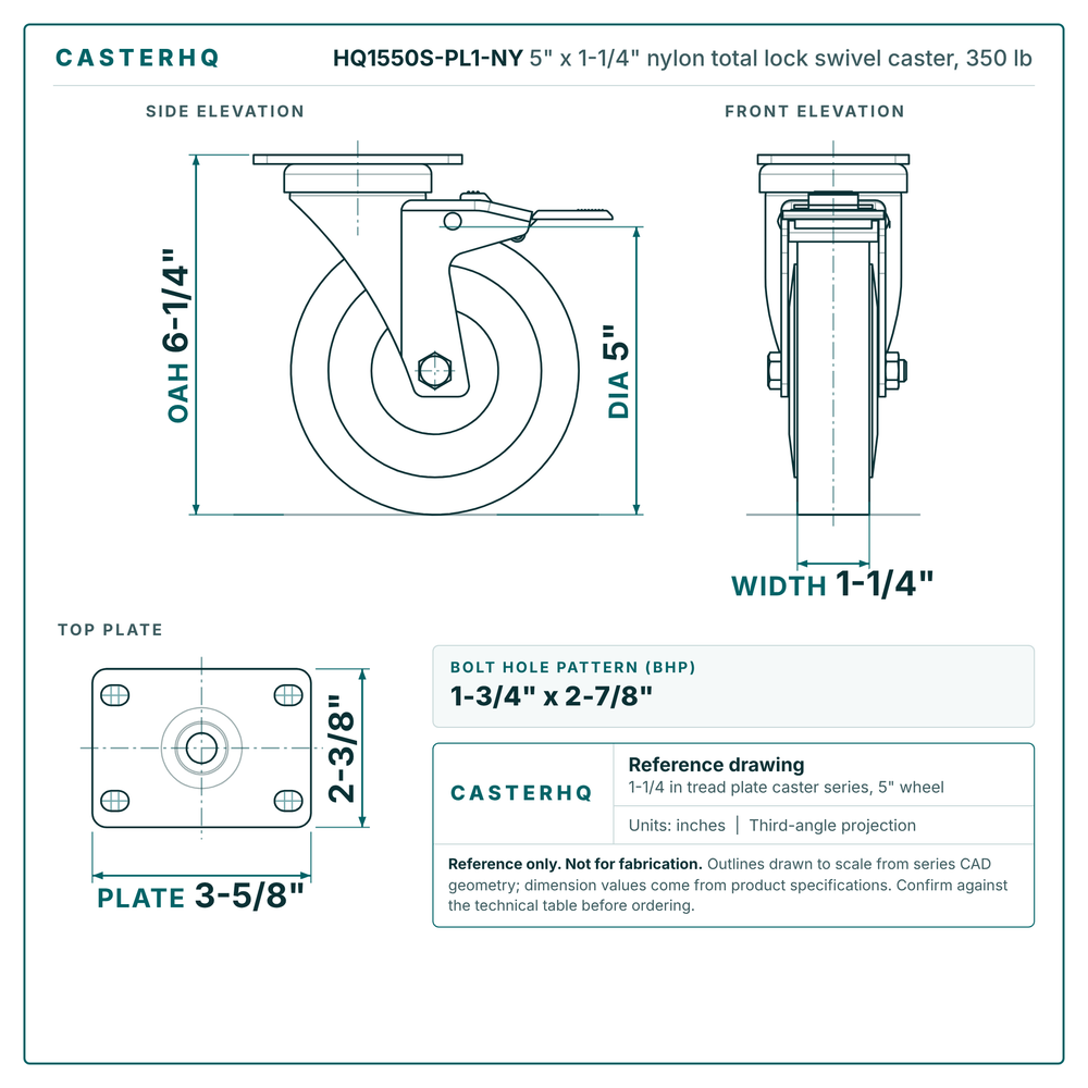 5" x 1-1/4" nylon total lock swivel caster reference drawing, side, front and top plate views with dimensions