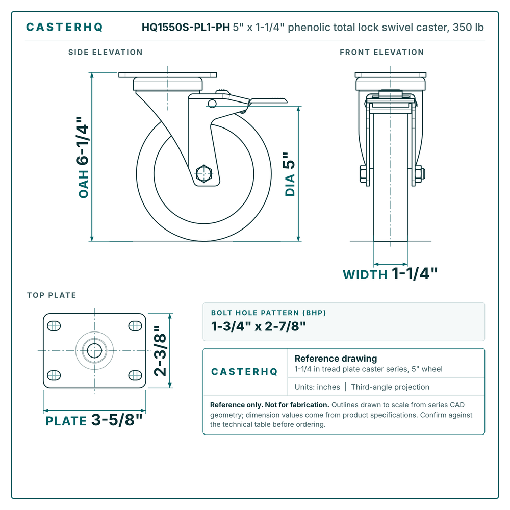 5" x 1-1/4" phenolic total lock swivel caster reference drawing, side, front and top plate views with dimensions