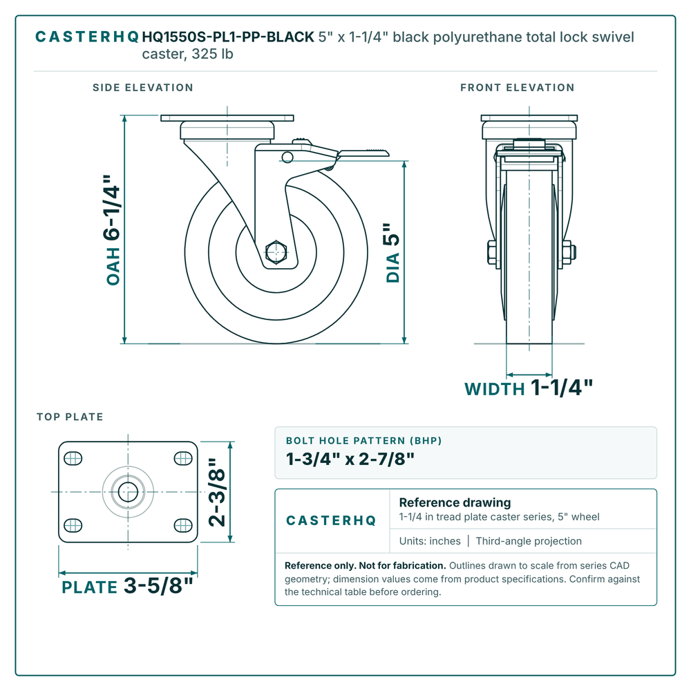 5" x 1-1/4" black polyurethane total lock swivel caster reference drawing, side, front and top plate views with dimensions