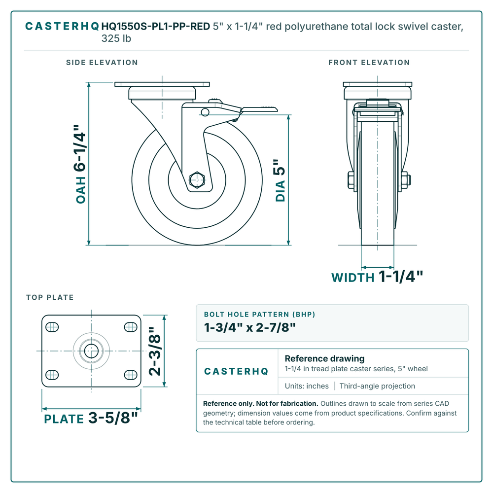 5" x 1-1/4" red polyurethane total lock swivel caster reference drawing, side, front and top plate views with dimensions