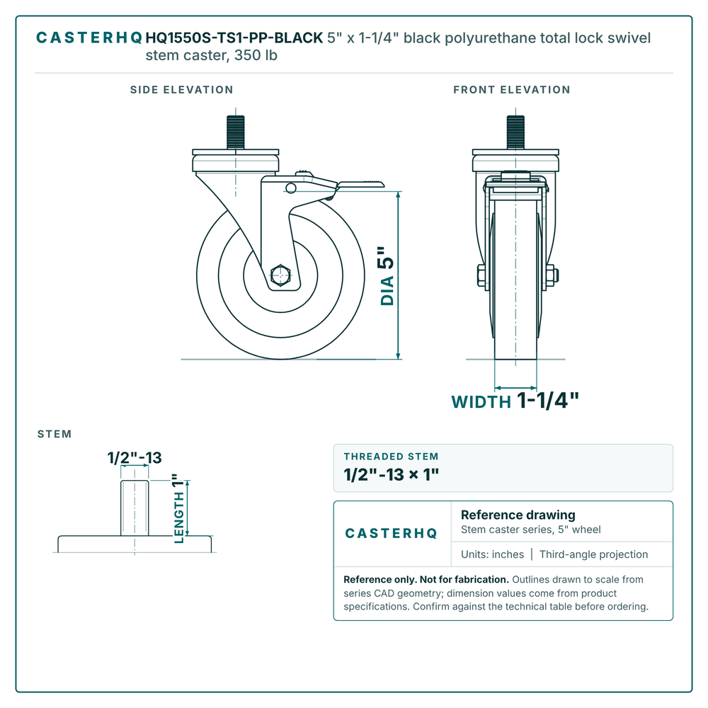 HQ1550S-TS1-PP-BLACK 5" x 1-1/4" black polyurethane total lock swivel stem caster, 350 lb reference drawing, 1/2"-13 x 1" threaded stem, side, front and stem views with dimensions