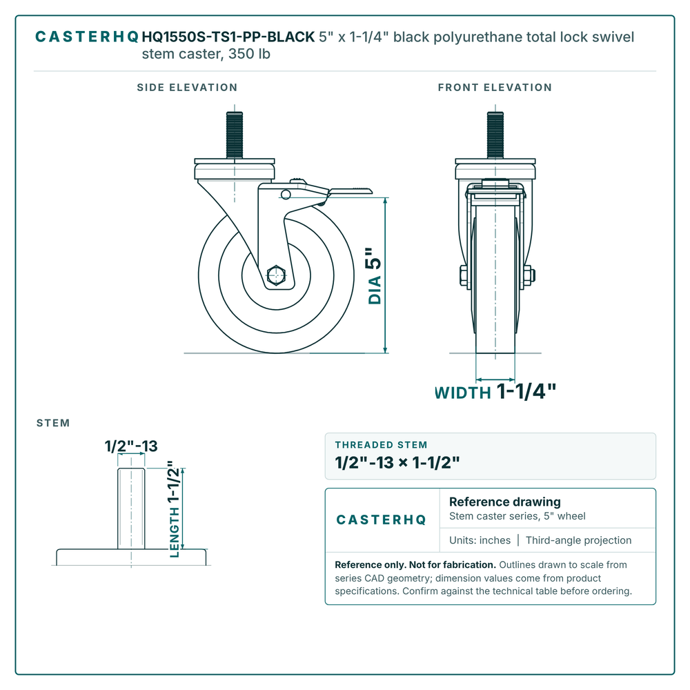 5" x 1-1/4" black polyurethane total lock swivel stem caster reference drawing, side, front and top plate views with dimensions