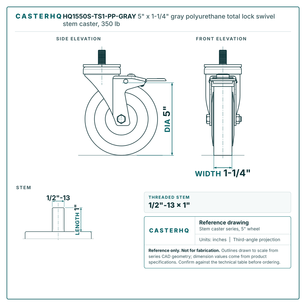 HQ1550S-TS1-PP-GRAY 5" x 1-1/4" gray polyurethane total lock swivel stem caster, 350 lb reference drawing, 1/2"-13 x 1" threaded stem, side, front and stem views with dimensions