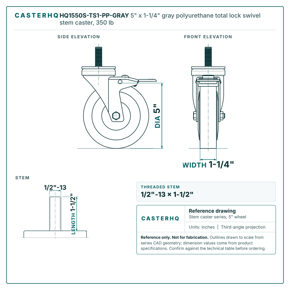 5" x 1-1/4" gray polyurethane total lock swivel stem caster reference drawing, side, front and top plate views with dimensions