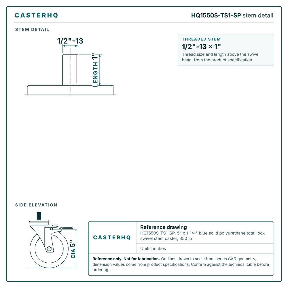 HQ1550S-TS1-SP stem detail drawing, threaded stem 1/2"-13 x 1"
